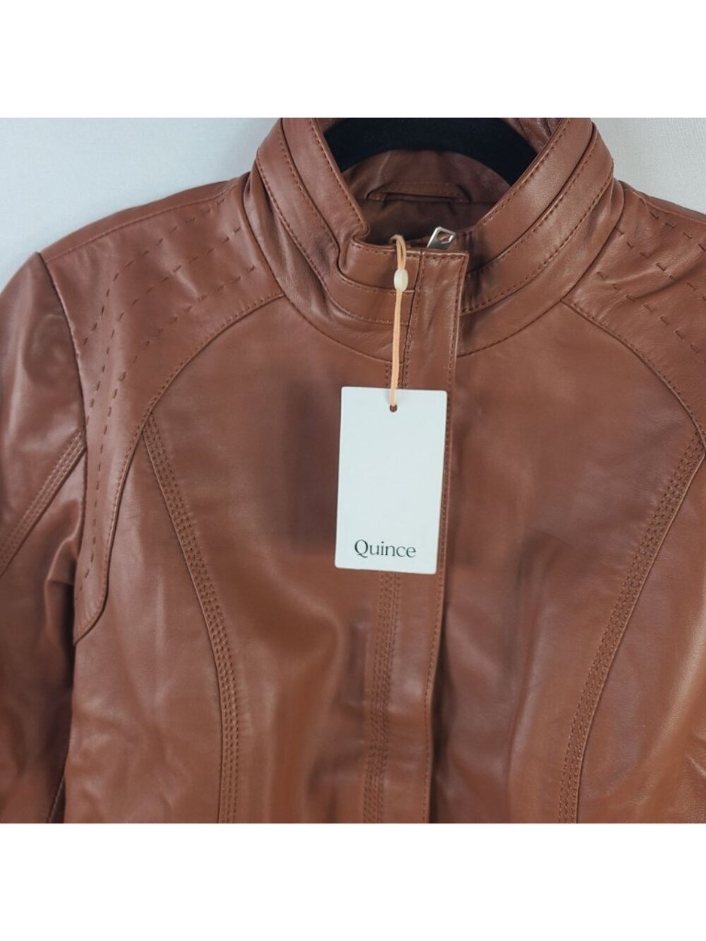 NEW Quince 100% Sheep Leather Stand Collar Jacket Cognac Women's Size M - Picture 2 of 11